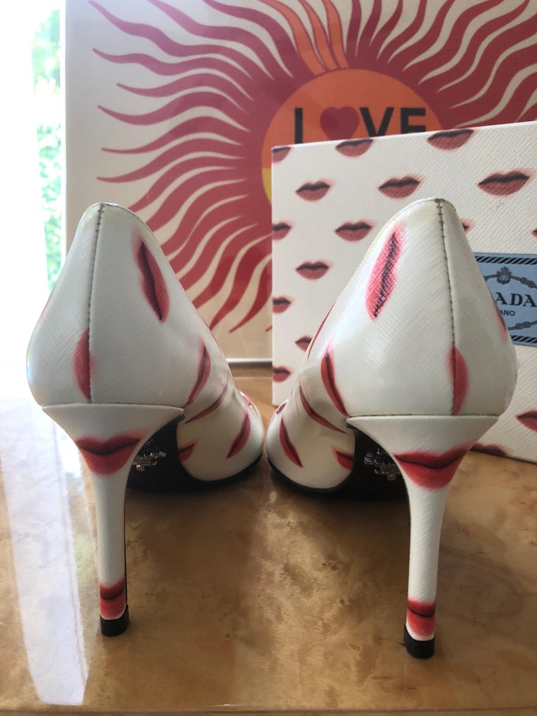 Prada Saffiano Leather Red Ivory Lip Point Toe Pumps Heels Shoes