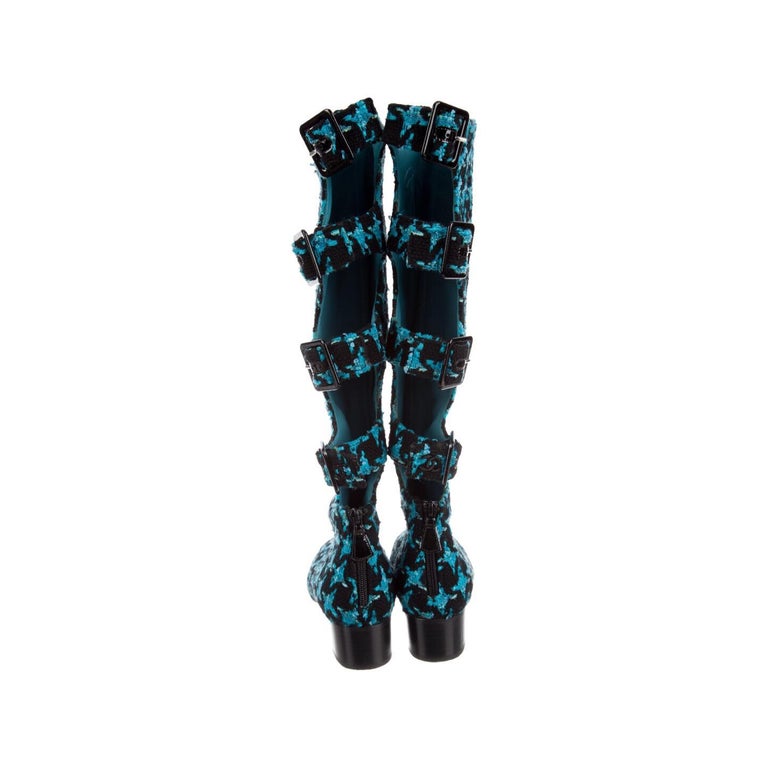 Chanel Boots Turquoise Tweed Black Patent Leather Buckle Runway Size 37, 2007