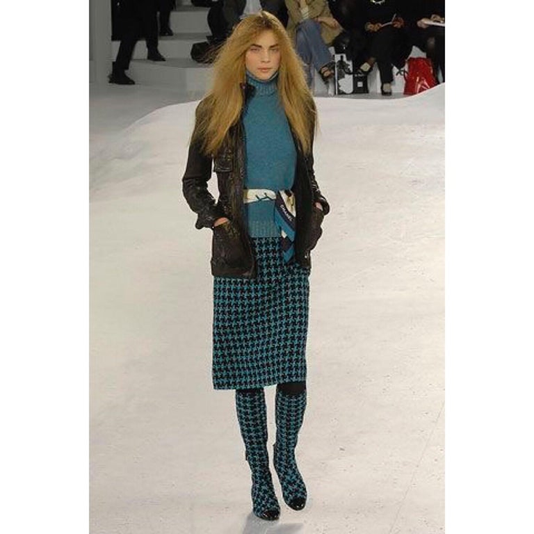 Chanel Boots Turquoise Tweed Black Patent Leather Buckle Runway Size 37, 2007