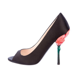 Prada Fairy Collection Black Satin Peep Toe Sculpted Flower Heel Shoes 34.5