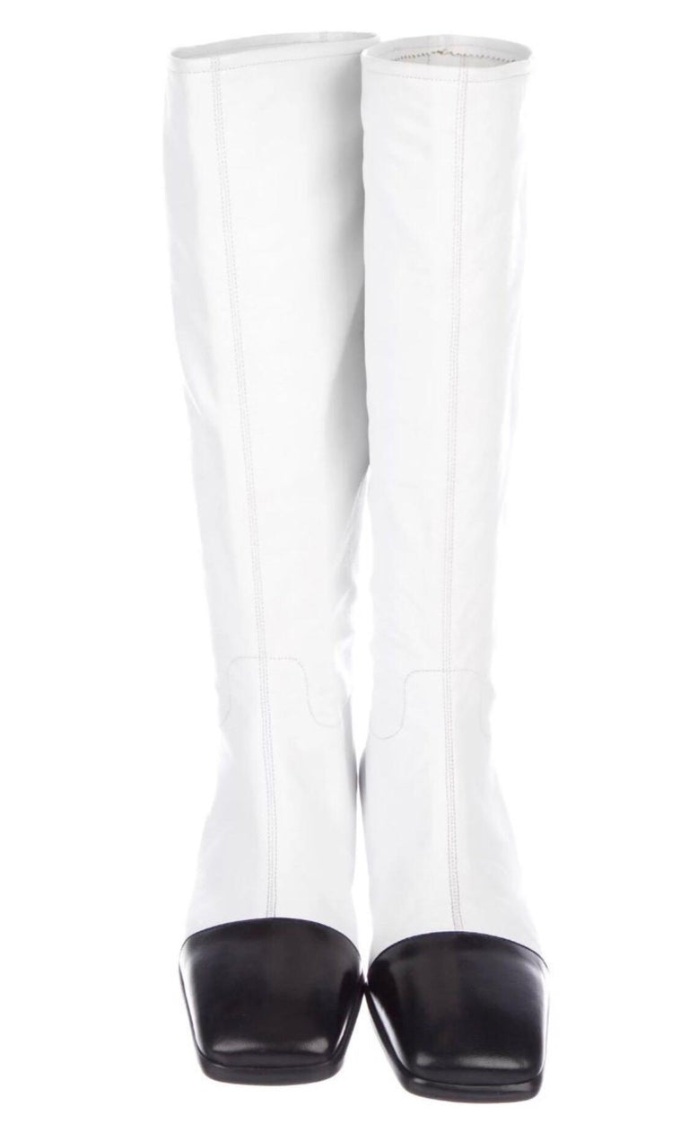 Chanel Winter 1998 Runway White Black Leather Square Toe Western Boots Size 5.5