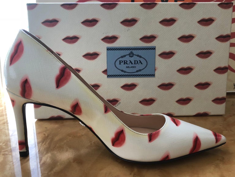 Prada Saffiano Leather Red Ivory Lip Point Toe Pumps Heels Shoes