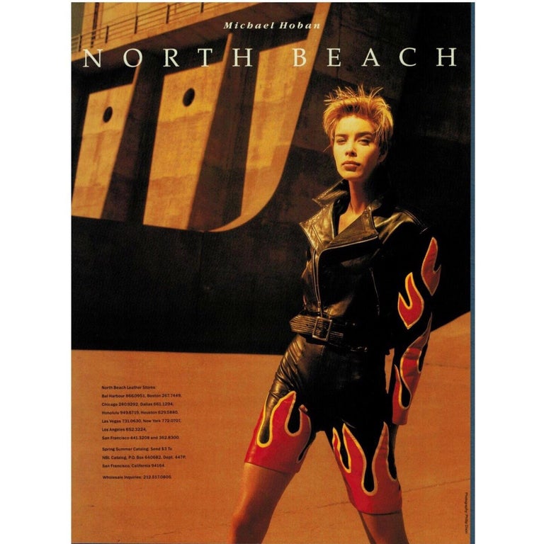 Michael Hoban North Beach Leather Black Red Flames Jacket Skirt Set, 1990s