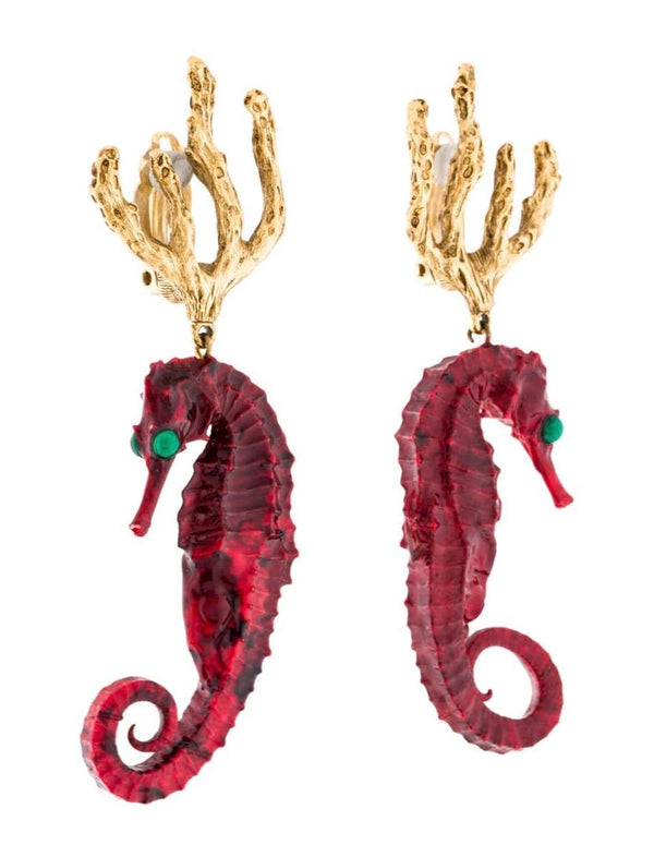 Vintage Yves Saint Laurent Red Gold Seahorse Earrings YSL
