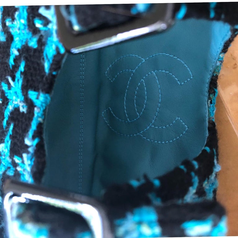 Chanel Boots Turquoise Tweed Black Patent Leather Buckle Runway Size 37, 2007