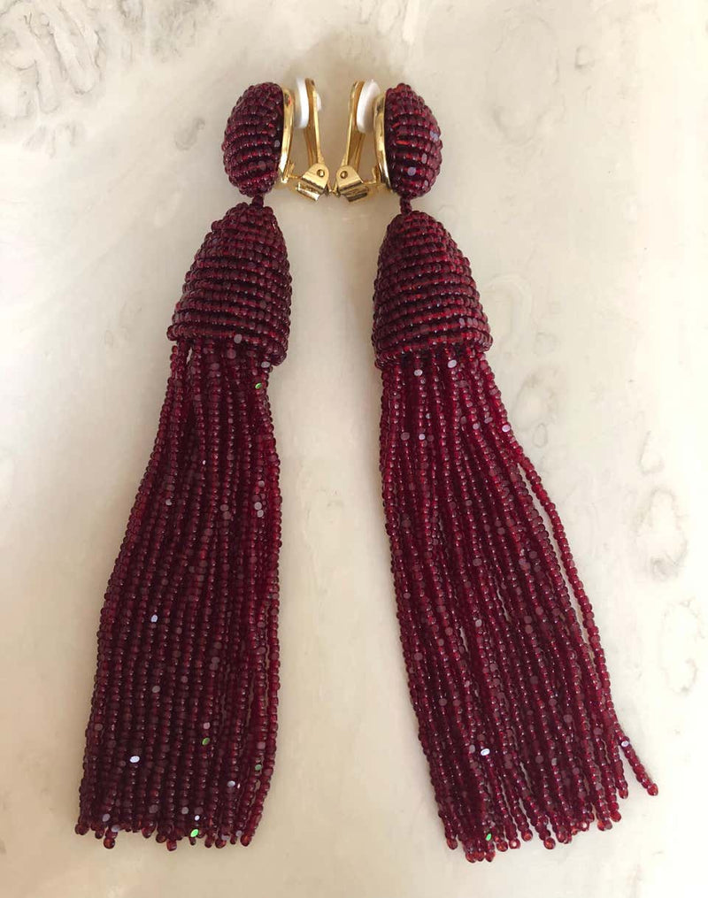 Oscar de la Renta Beaded Tassel Shoulder Duster Earrings, Garnet Red