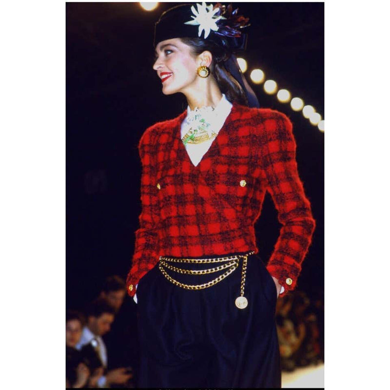 Chanel Black Red Plaid Cropped Wool Jacket Runway 1988