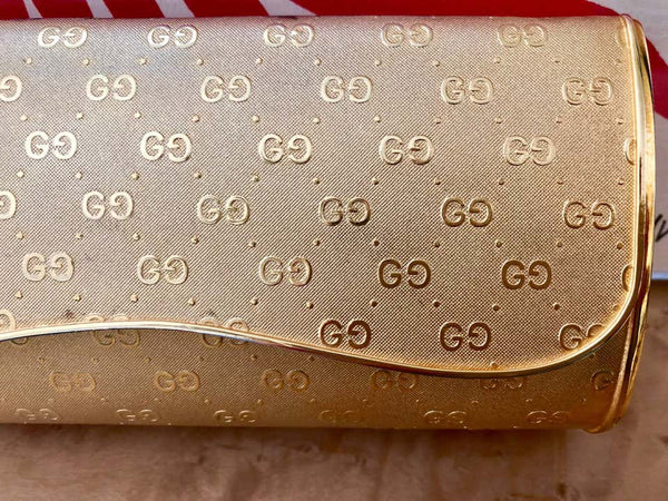 Gucci Gold Metal Logo Hard Shell Clutch Minaudière Bag, 1970s