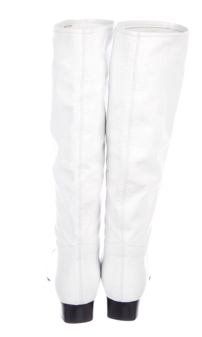 Chanel Winter 1998 Runway White Black Leather Square Toe Western Boots Size 5.5