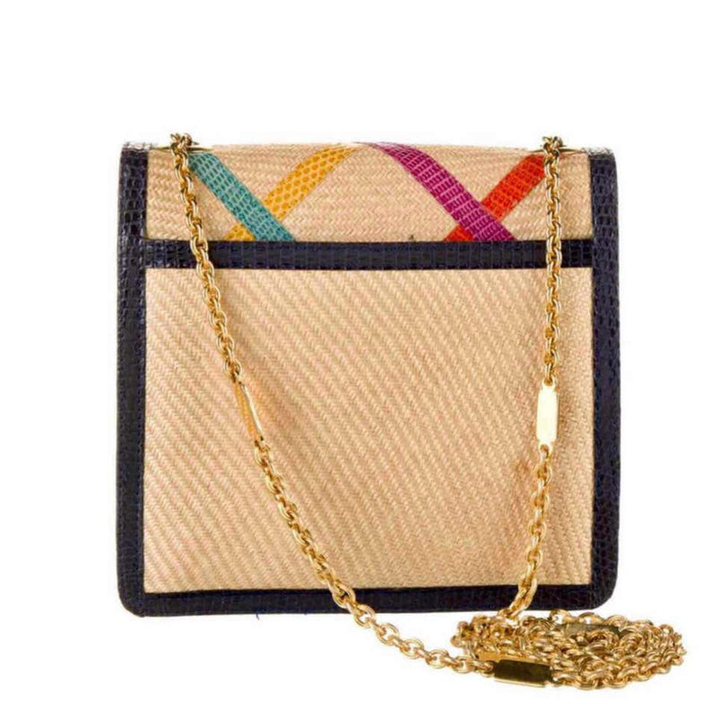 Vintage Bottega Veneta Multicolered Lizard Raffia Gold Chain Bag