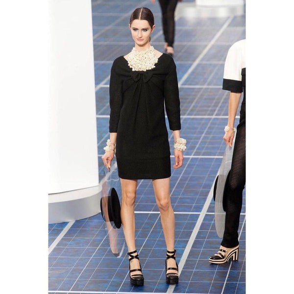 Chanel Shimmer Black V Neck Bow Dress Runway 2013