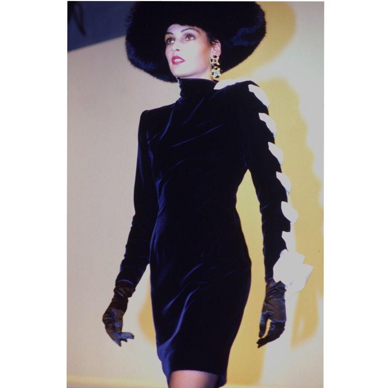 Valentino Black Velvet Ivory Satin Ribbon Bow Dress, 1980s