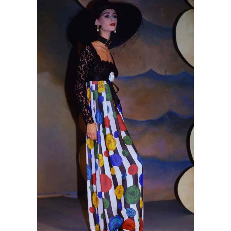 Chanel Lace and Striped Camellia Empire Dress S/S 1988