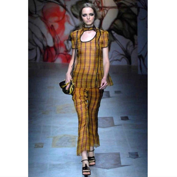 Prada Fairy Collection Silk Cut Out Yellow Plaid Blouse Spring 2008