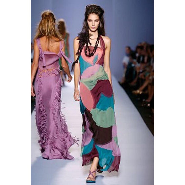 Alberta Ferretti Silk Chiffon Patchwork Open back Halter Gown, 2005