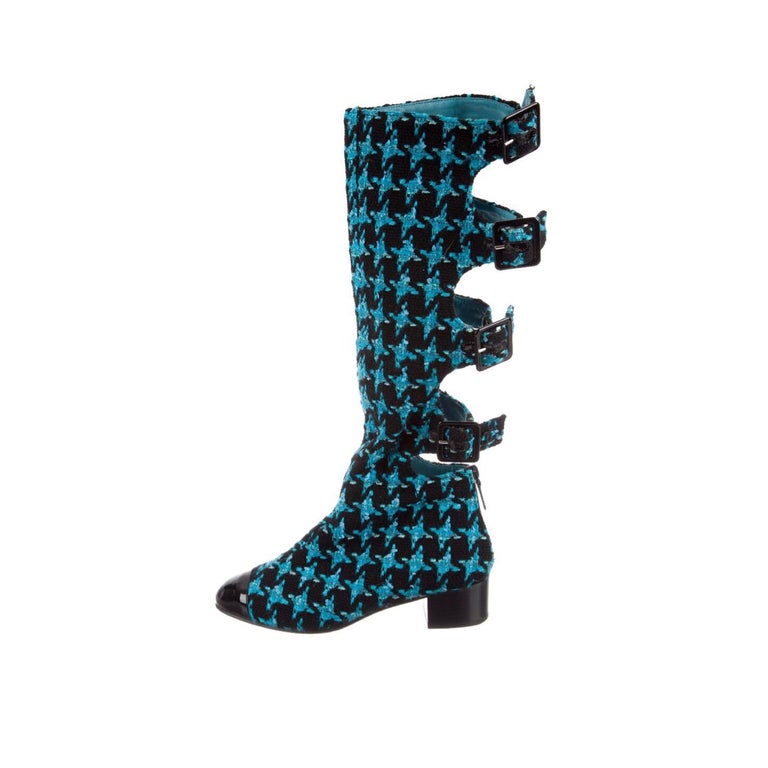 Chanel Boots Turquoise Tweed Black Patent Leather Buckle Runway Size 37, 2007