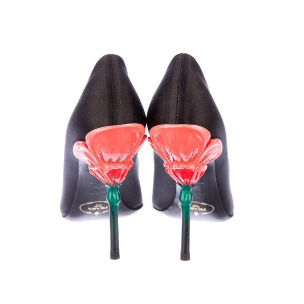 Prada Fairy Collection Black Satin Peep Toe Sculpted Flower Heel Shoes 34.5
