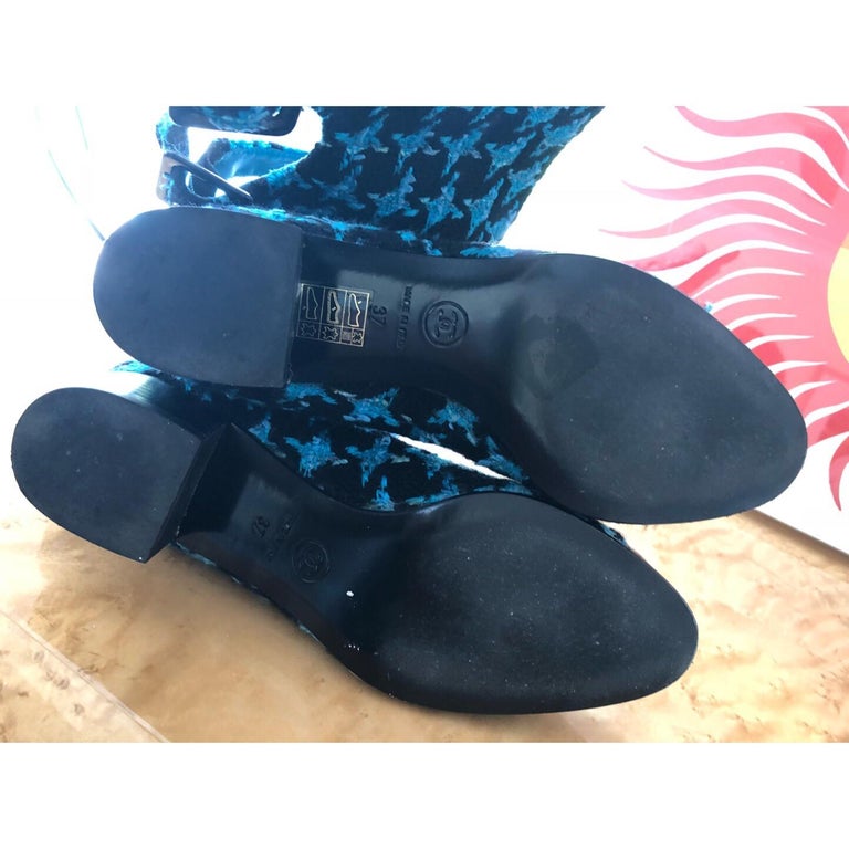 Chanel Boots Turquoise Tweed Black Patent Leather Buckle Runway Size 37, 2007