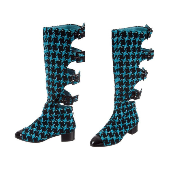 Chanel Boots Turquoise Tweed Black Patent Leather Buckle Runway Size 37, 2007