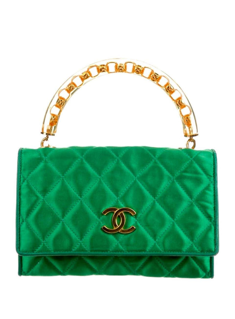 Chanel Rare Vintage Green Satin Lucite Gold Chain Top Handle Bag