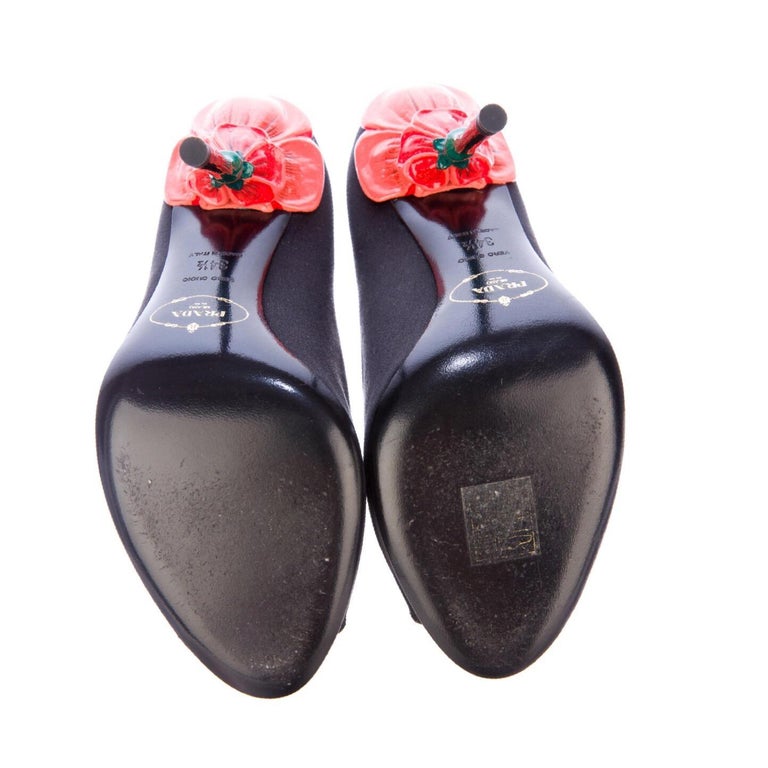 Prada Fairy Collection Black Satin Peep Toe Sculpted Flower Heel Shoes 34.5