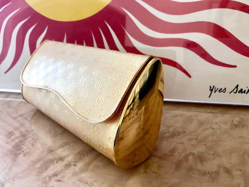 Gucci Gold Metal Logo Hard Shell Clutch Minaudière Bag, 1970s