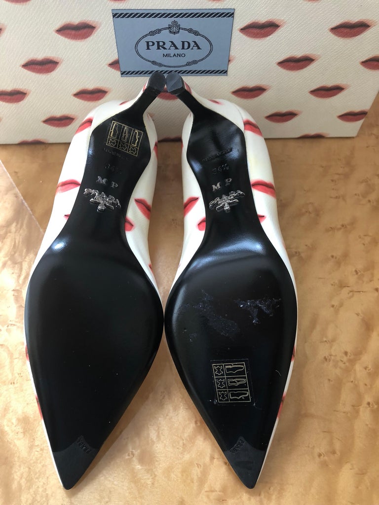 Prada Saffiano Leather Red Ivory Lip Point Toe Pumps Heels Shoes