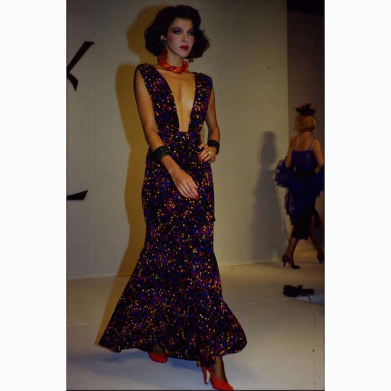 Yves Saint Laurent Black Silk Confetti Dots Plunge Maxi Dress YSL, 198 Basha Gold Yves Saint Laurent Black Silk Confetti Dots Plunge Maxi Dress YSL, 198 Basha Gold