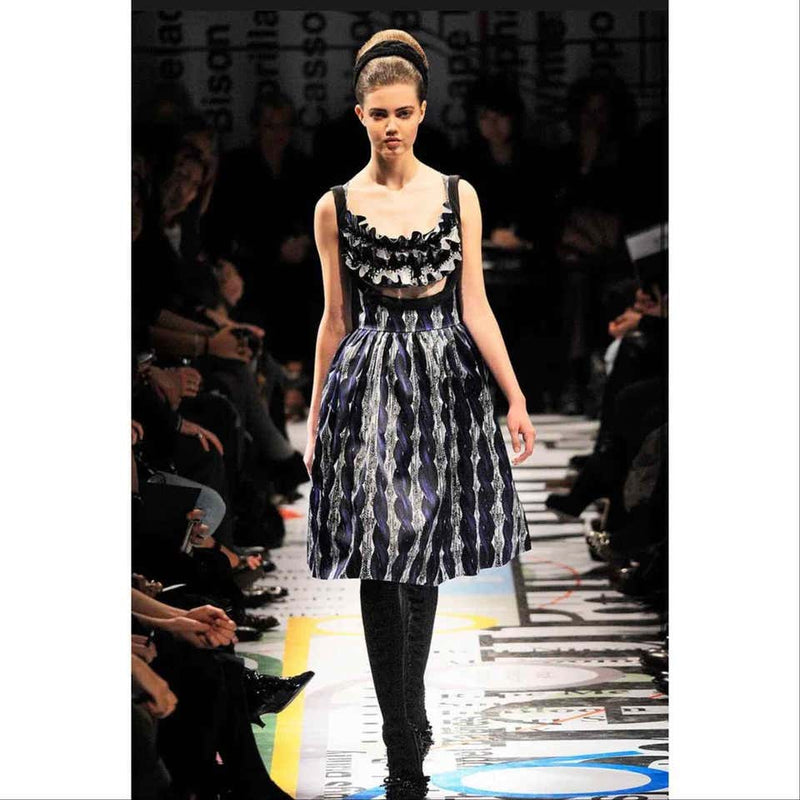 Prada Silk Cable Knit Blue Black Printed Cut Out Dress Runway Fall 2010