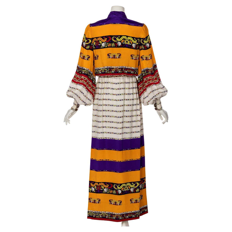 Ronald Amey Couture Beautiful printed Elaborate Buttons Maxi Dress, 1970s