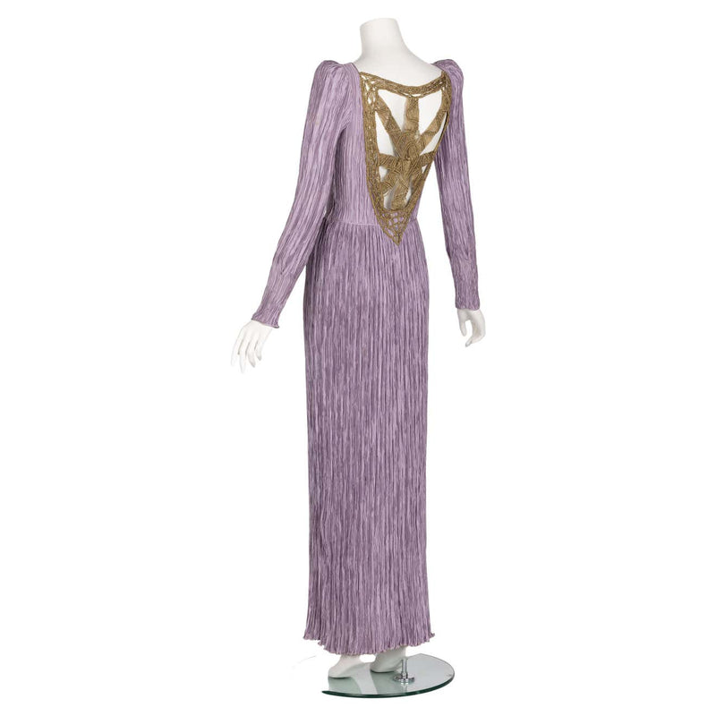 Vintage Mary McFadden Lavender Golden Macrame Cut Out Back Gown