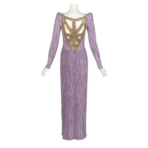 Vintage Mary McFadden Lavender Golden Macrame Cut Out Back Gown