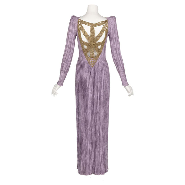Vintage Mary McFadden Lavender Golden Macrame Cut Out Back Gown