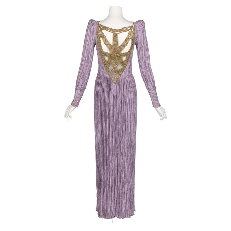 Vintage Mary McFadden Lavender Golden Macrame Cut Out Back Gown