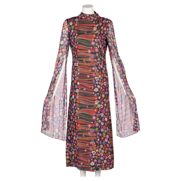 Pauline Trigère Abstract Floral Print Cotton Kimono Angel-Sleeve Dress, 1960s