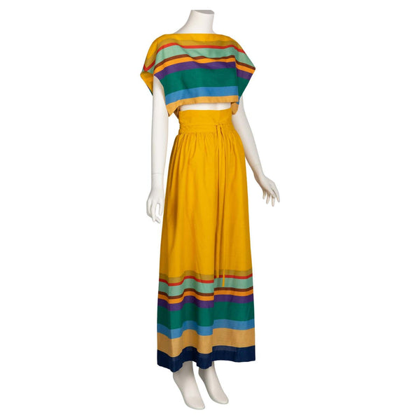 1970s Mollie Parnis Yellow Striped Crop Top Bralette Maxi Skirt Set
