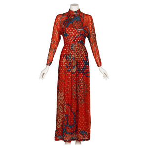Malcolm Starr Rizkallah Sequined Gold Beaded Red Maxi Dress 1970s