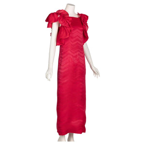Vintage Givenchy Couture Magenta Silk Chevron Sleeveless Ruffle Bow Dress