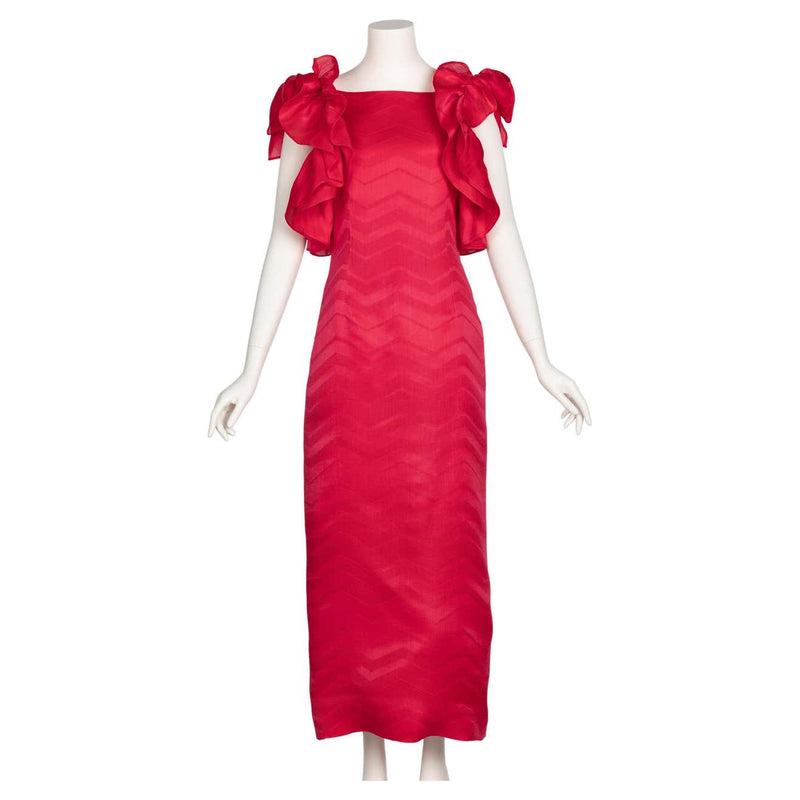 Basha Gold Vintage Givenchy Couture Magenta Silk Chevron Sleeveless Ruffle Bow Dress