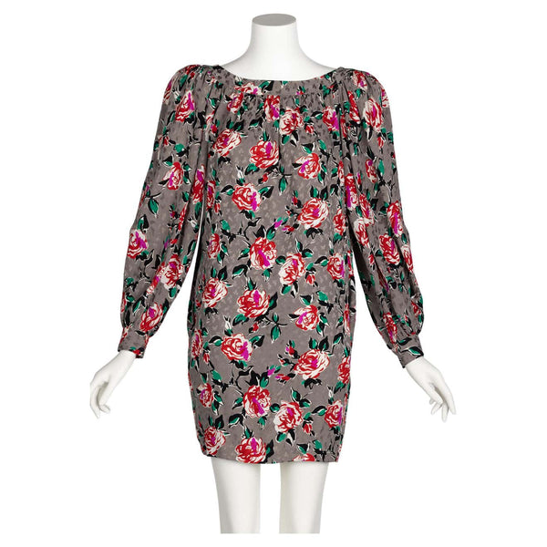 Yves Saint Laurent Floral Silk Long Sleeve Mini Dress YSL, 1980s