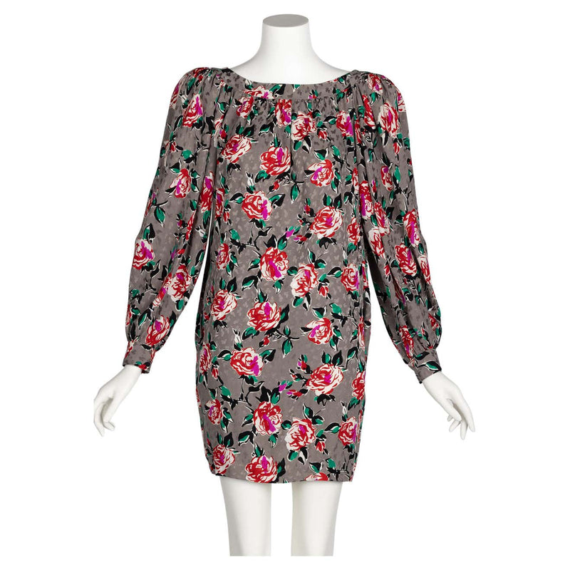 Yves Saint Laurent Floral Silk Long Sleeve Mini Dress YSL 1980s