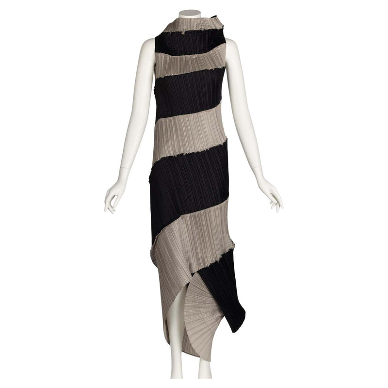 Issey Miyake Black & Beige Striped Plisse Spiral Nautilus Dress, 1990s