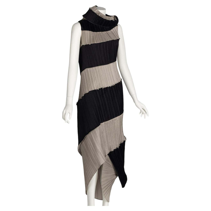 Issey Miyake Black & Beige Striped Plisse Spiral Nautilus Dress, 1990s