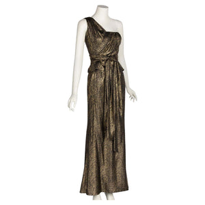 Saint Laurent Gold & Black One Shoulder Top Maxi Skirt Belted Set YSL, 1980s
