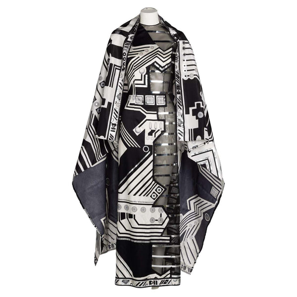 Vintage Leonard Paris Black Silver Peek a Boo Side Dress & Shawl Set, 1990s