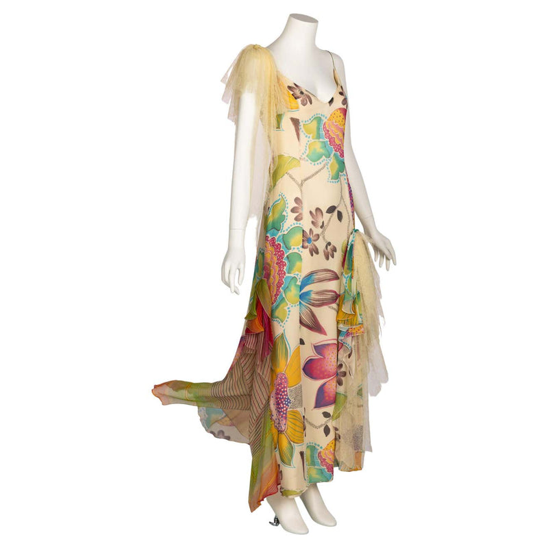 Vintage Christian Lacroix Ivory Silk Vivid Floral Lace Sleeveless Gown Basha Gold Vintage Christian Lacroix Ivory Silk Vivid Floral Lace Sleeveless Gown Basha Gold