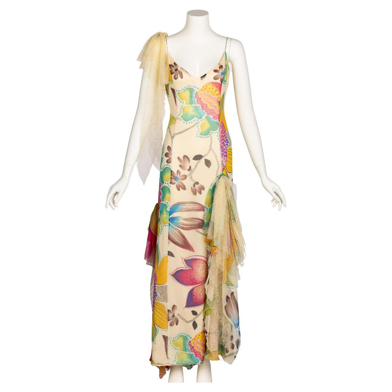 Vintage Christian Lacroix Ivory Silk Vivid Floral Lace Sleeveless Gown