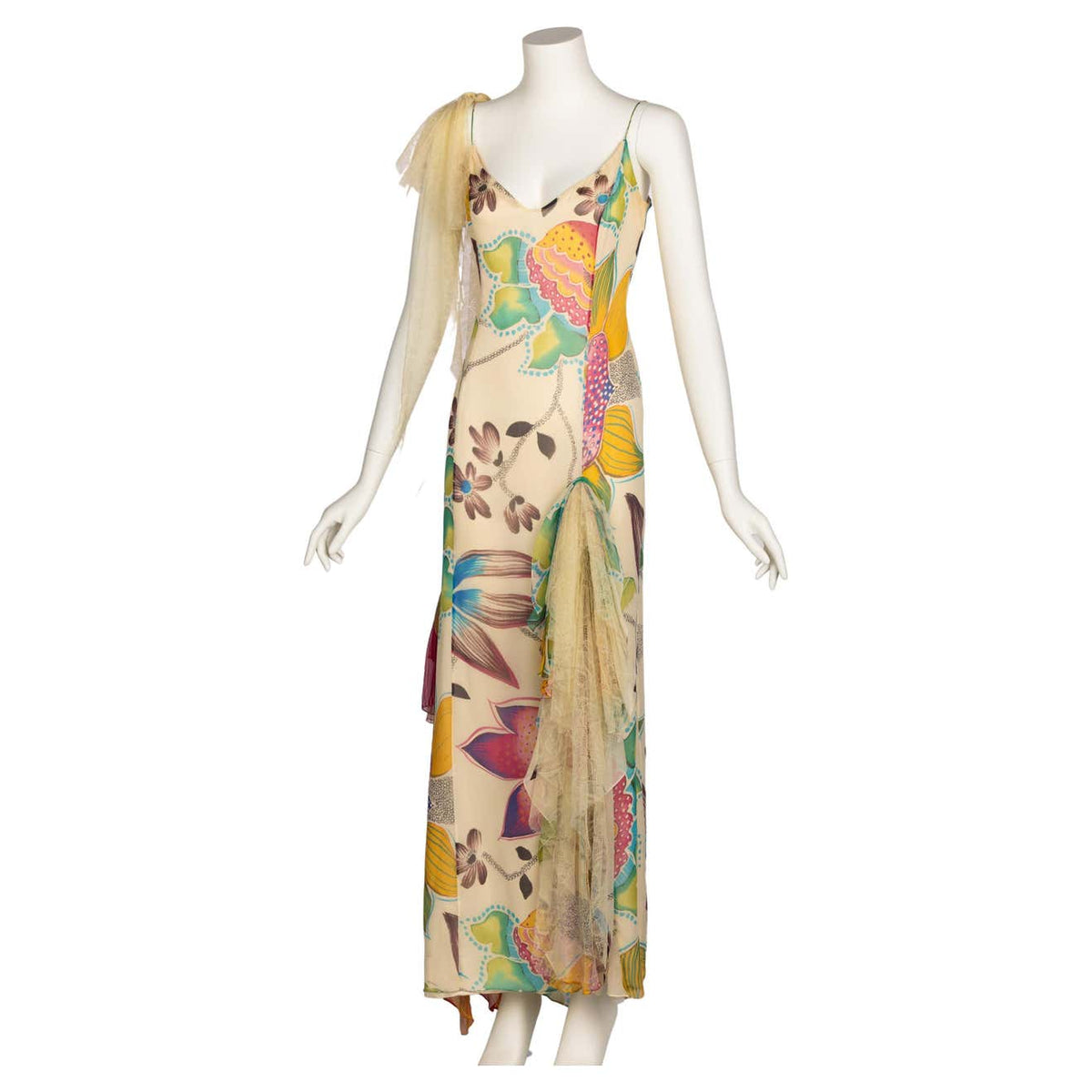 Vintage Christian Lacroix Ivory Silk Vivid Floral Lace Sleeveless Gown –  Basha Gold