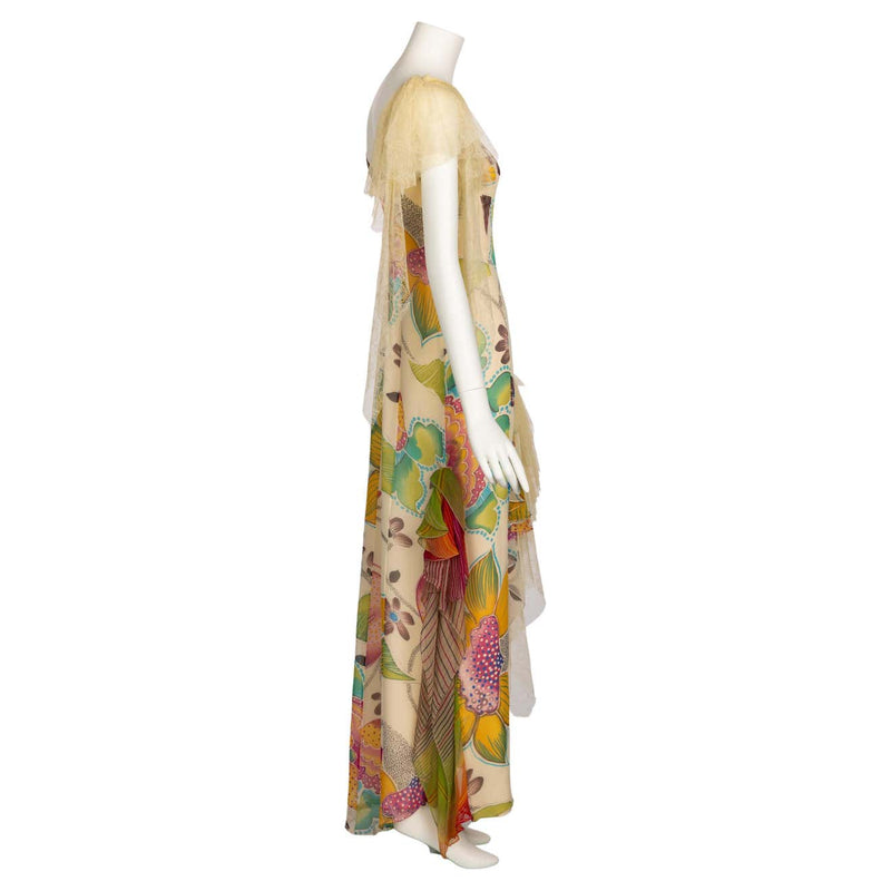 christian lacroix maxi dress Vintage Christian Lacroix Ivory Silk Vivid Floral Lace Sleeveless Gown –  Basha Gold