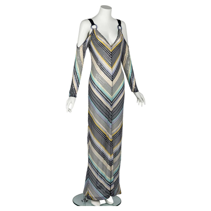 Missoni Vintage Sequin Chevron Open Shoulder Maxi Dress